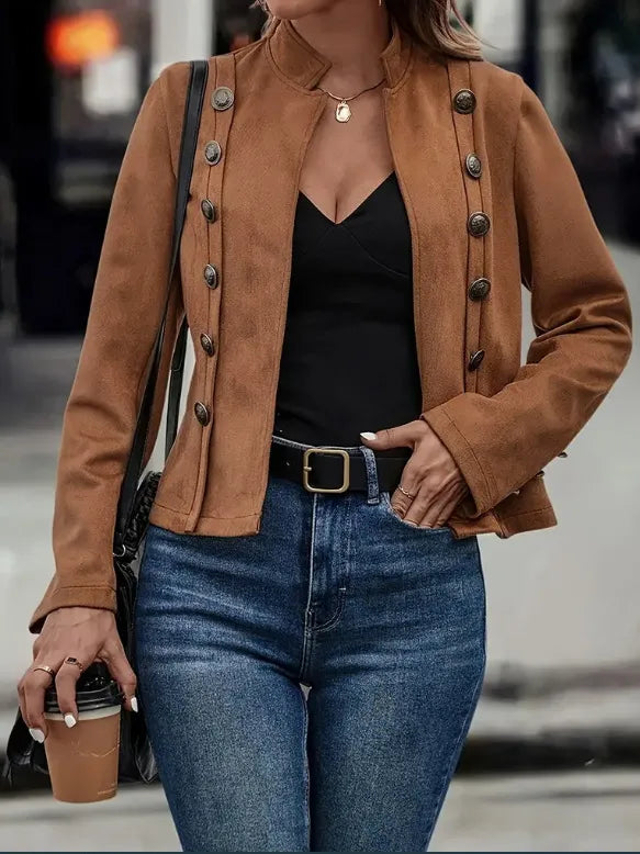 Double-row Metal Buckle Deerskin Velvet Retro Long-sleeved Coat