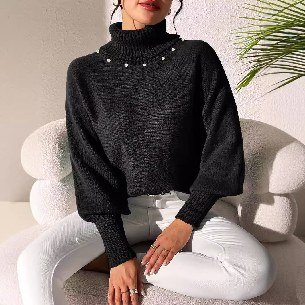 Women's Solid Color Simple Top Pearl Beaded Turtleneck Sweater Women's Base Shirt