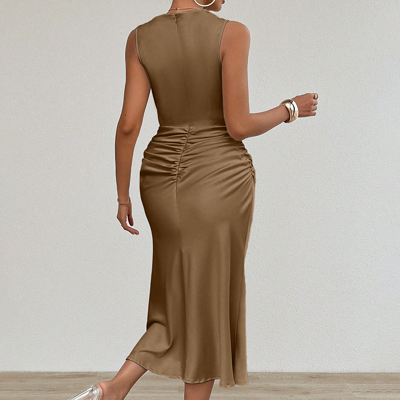Women's Summer Sleeveless Tank Dress Crew Neck Slim Fit Ruched Bodycon Dress Casual Party Club Dress-FREE USA SHIPPING