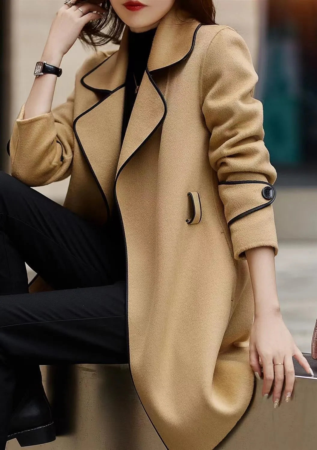 Western Style Contrast Color Mid-length Woolen Coat