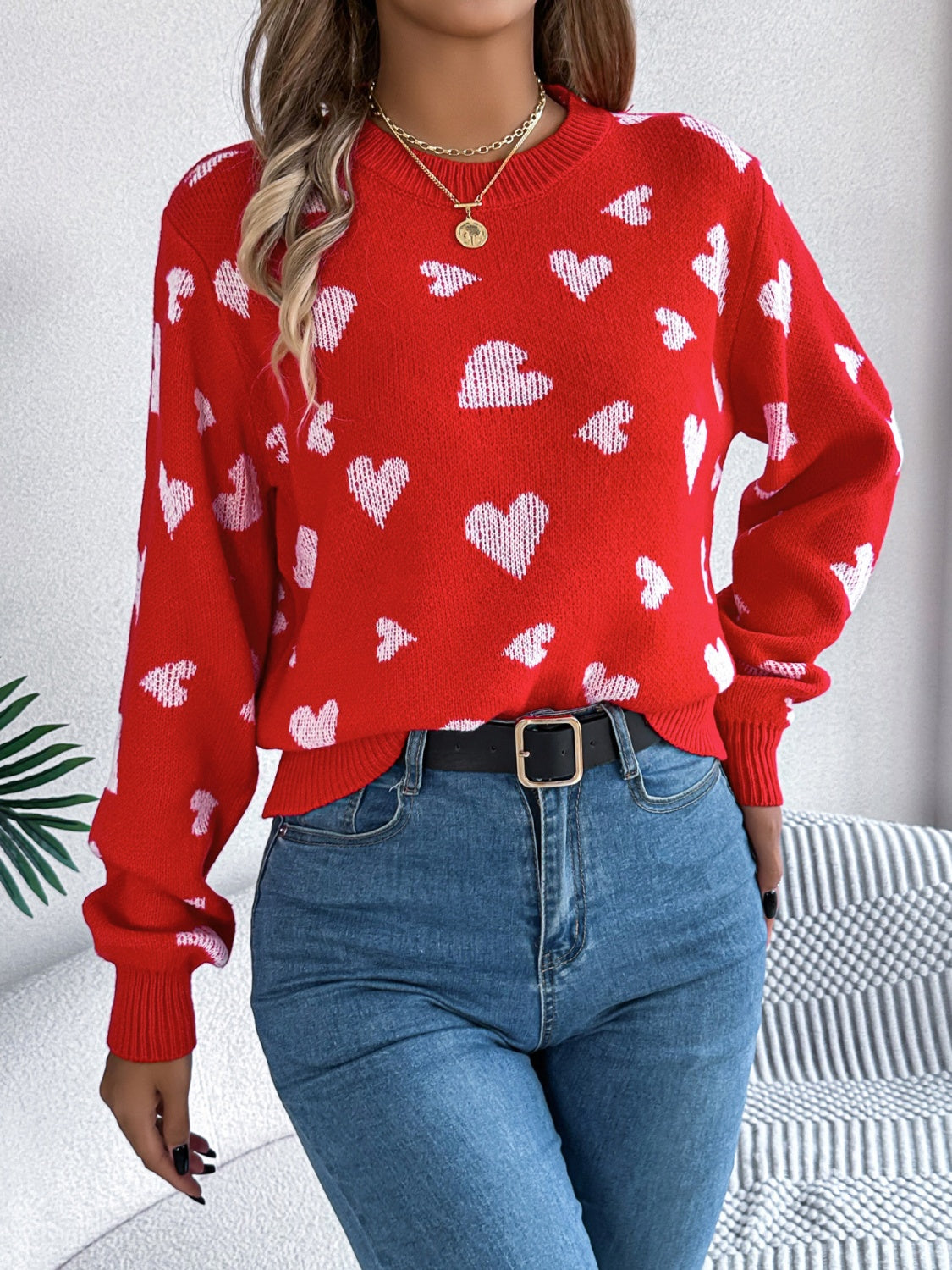 Heart Pattern Round Neck Long Sleeve Sweater