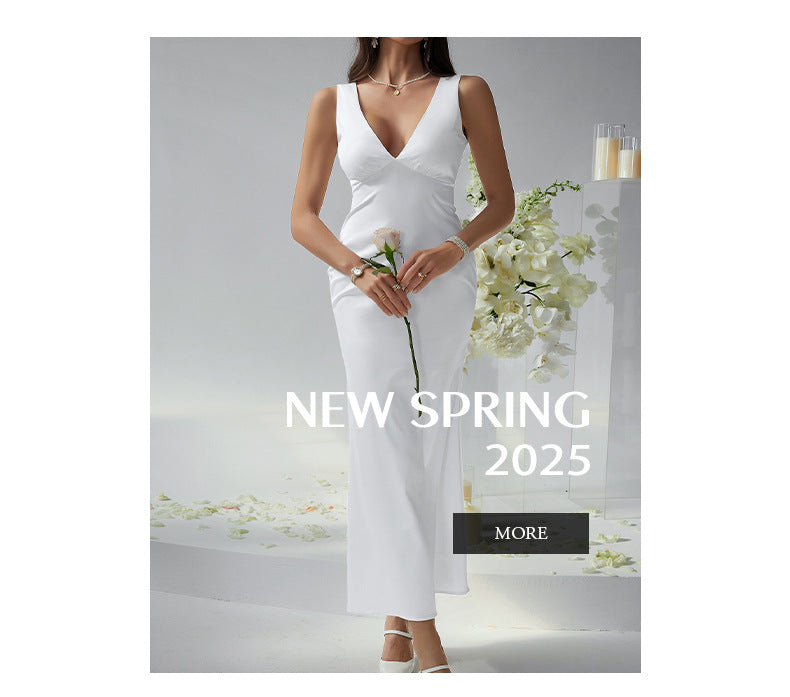 Solid Color Slim Fit Deep V-neck Backless Evening Dress Long Dress