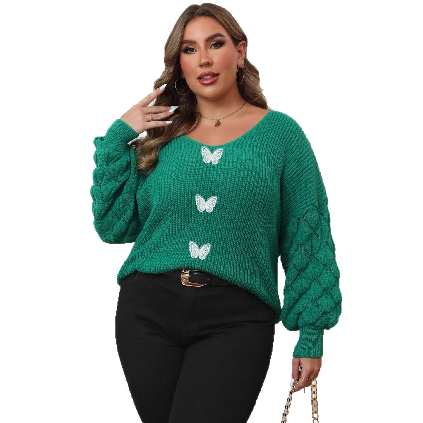 Plus Size Women's Pineapple Sleeve Stitching Deep V Woven Lace Butterfly Sweater
