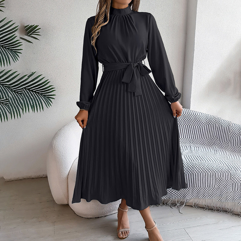Elegant High Neck Long Sleeve Pleated Maxi Dress - Solid Color Flowy Dress For Women, Casual To Formal Wear-FREE USA SHIPPING