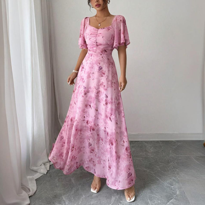 Women's Solid Color Square Neck Short Sleeve Butterfly Print Flowy Dress A-Line Summer Vacation Maxi Dress