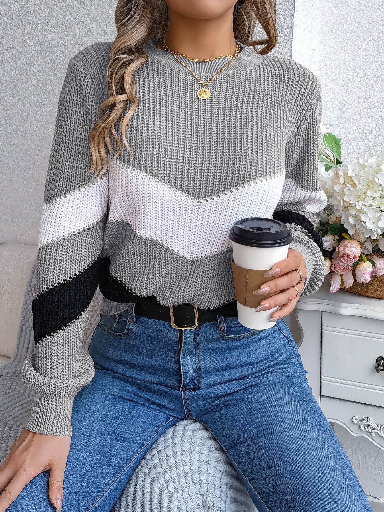 Casual Multicolor Lantern Long Sleeve Pullover