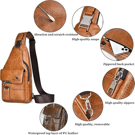 Premium PU Leather Vintage Chest Bag – Spacious Waterproof Crossbody with Multi-Compartment Design for Men-FREE USA SHIPPING