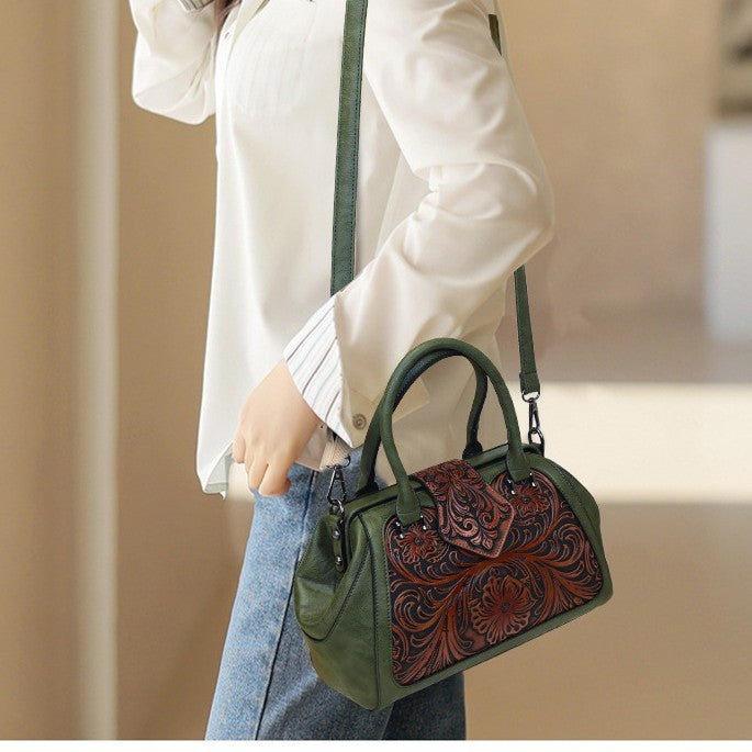 Handmade Carved One-shoulder Women's Leather Bag
