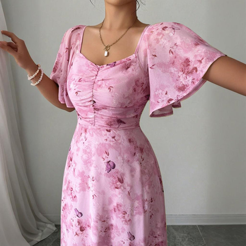 Women's Solid Color Square Neck Short Sleeve Butterfly Print Flowy Dress A-Line Summer Vacation Maxi Dress