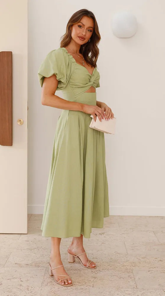 Women's Solid Color And V-neck Long Puff Sleeve Long Slimming Dress