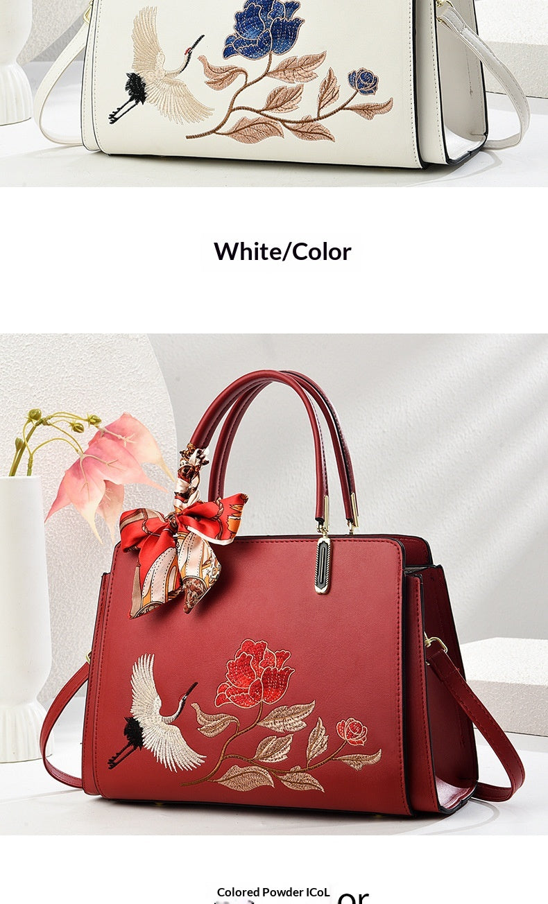 Womens New Chinese-Style National-Flair Embroidered Crane Fashion Crossbody Tote Bag
