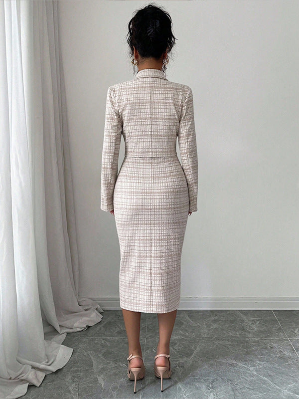 Women's Clothing Skirts Suit Lapel Long Sleeve Short Plaid Jacket