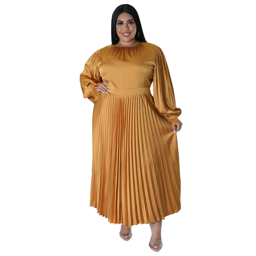 Pleated Round-neck Long Dress Women