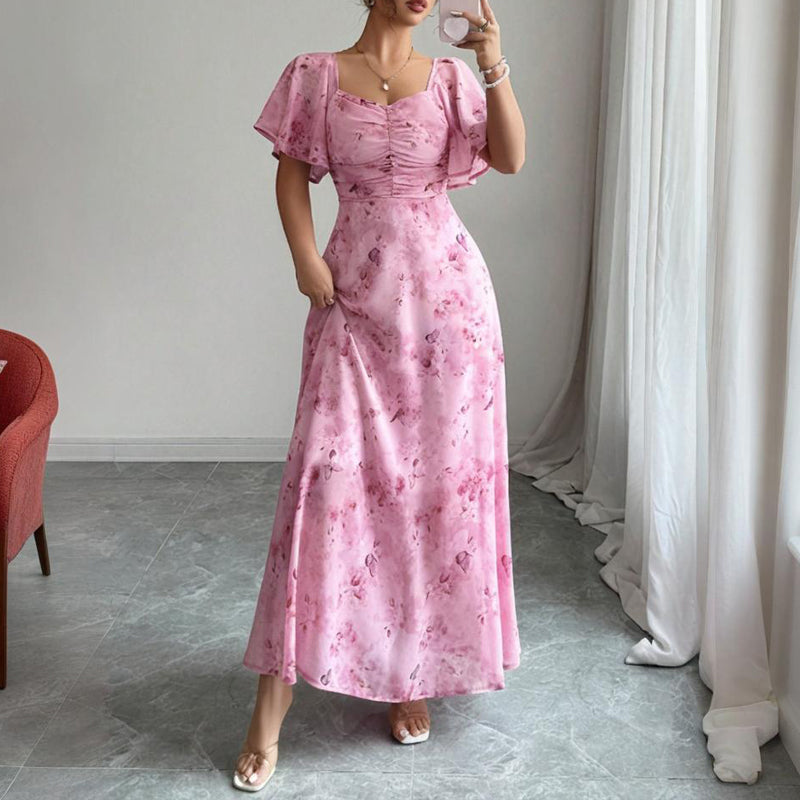 Women's Solid Color Square Neck Short Sleeve Butterfly Print Flowy Dress A-Line Summer Vacation Maxi Dress