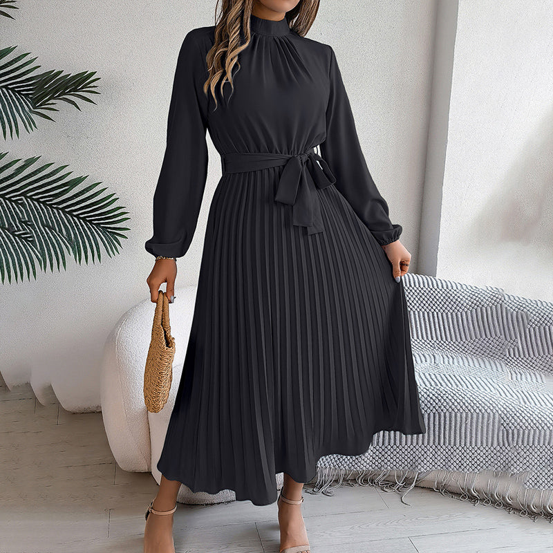 Elegant High Neck Long Sleeve Pleated Maxi Dress - Solid Color Flowy Dress For Women, Casual To Formal Wear-FREE USA SHIPPING