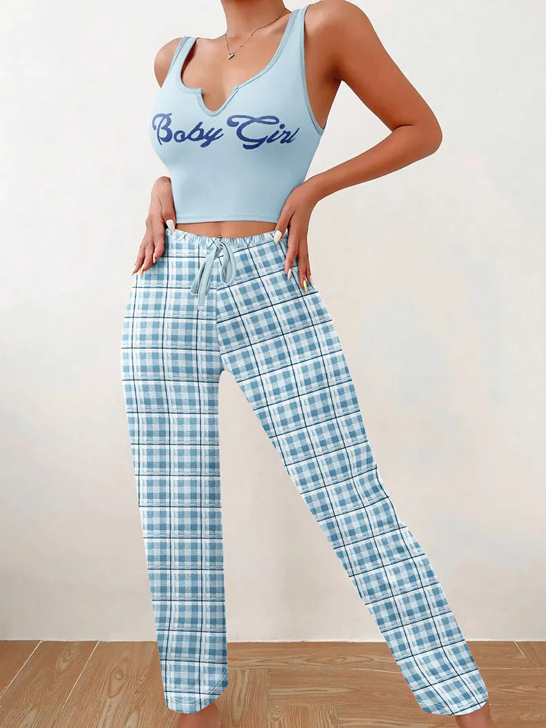 Homewear Vest Color Matching Plaid Trousers Letter Print Top Pajamas For Women