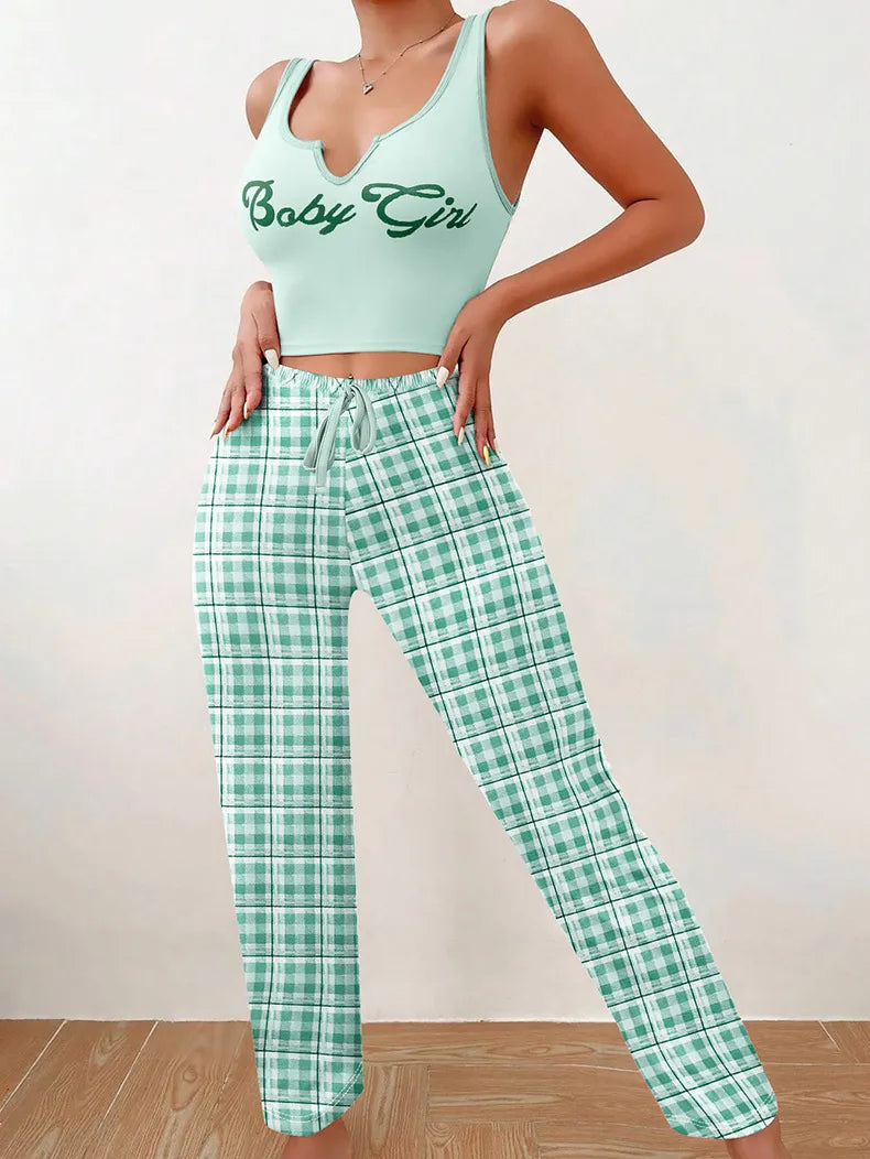 Homewear Vest Color Matching Plaid Trousers Letter Print Top Pajamas For Women