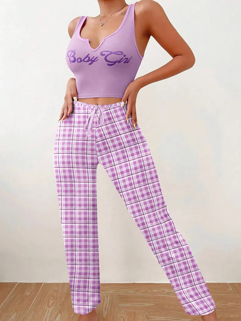 Homewear Vest Color Matching Plaid Trousers Letter Print Top Pajamas For Women