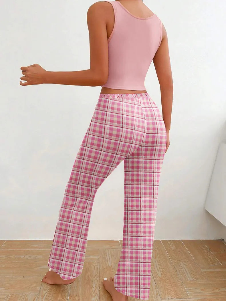 Homewear Vest Color Matching Plaid Trousers Letter Print Top Pajamas For Women