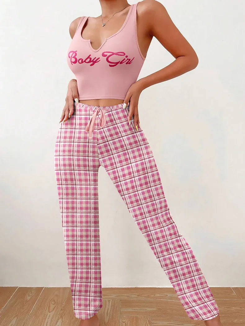 Homewear Vest Color Matching Plaid Trousers Letter Print Top Pajamas For Women