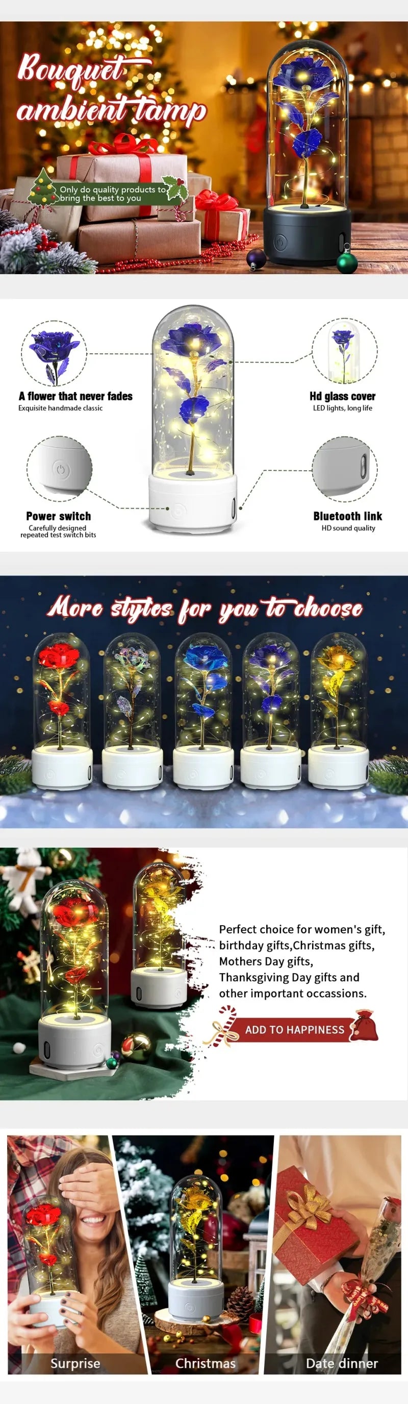 Creative 2 In 1 Rose Flowers LED Light And Bluetooth-compatible Speaker Valentine's Day Gift Rose Luminous Night Light Ornament In Glass Cover