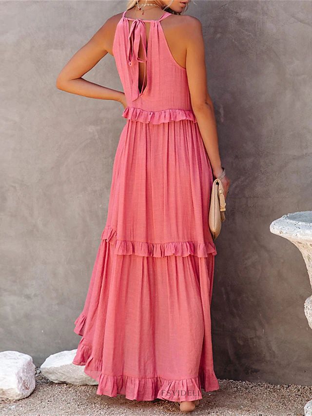 Summer Vacation Style Halter Neck Long Dresses Women Fashion Backless Leace-up Loose Ruffles Beach Dress Elegant Ladies Vestidos