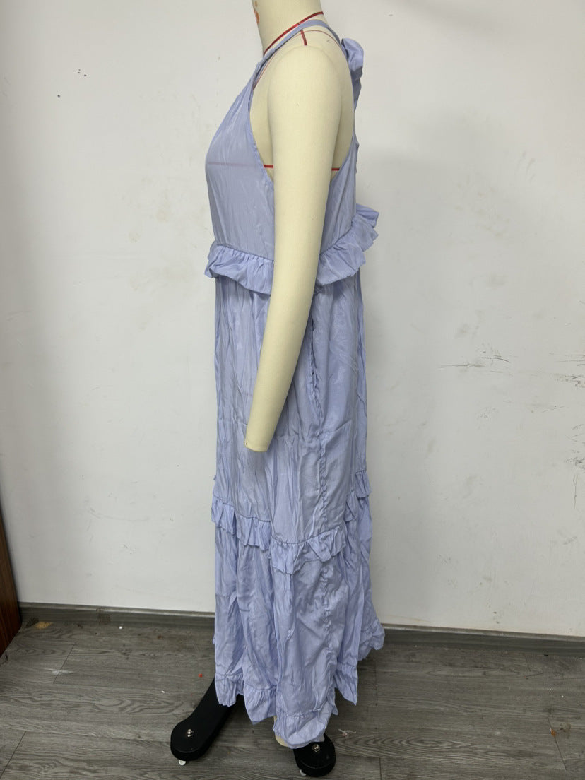 Summer Vacation Style Halter Neck Long Dresses Women Fashion Backless Leace-up Loose Ruffles Beach Dress Elegant Ladies Vestidos