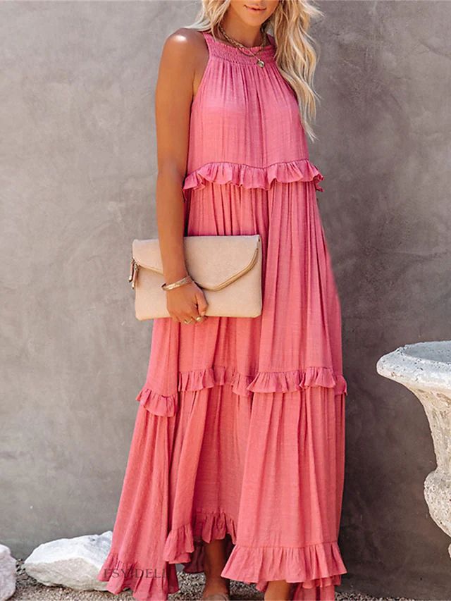 Summer Vacation Style Halter Neck Long Dresses Women Fashion Backless Leace-up Loose Ruffles Beach Dress Elegant Ladies Vestidos