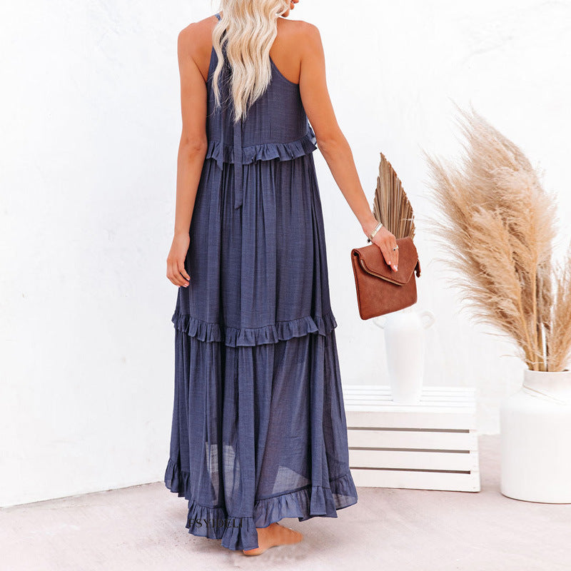 Summer Vacation Style Halter Neck Long Dresses Women Fashion Backless Leace-up Loose Ruffles Beach Dress Elegant Ladies Vestidos