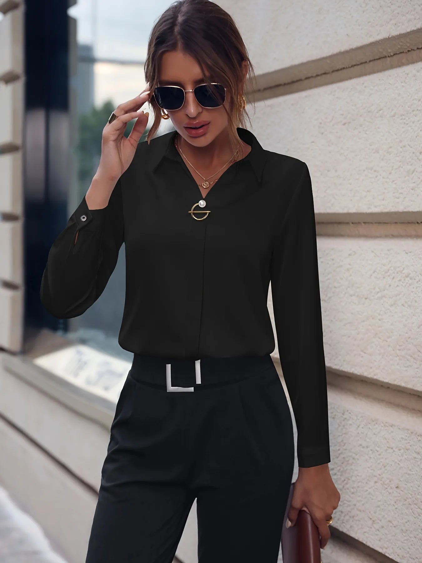 Commuter V-neck Long-sleeved Shirts Ins Fashion Solid Color Pullover Top Autumn And Spring Women's Clothing