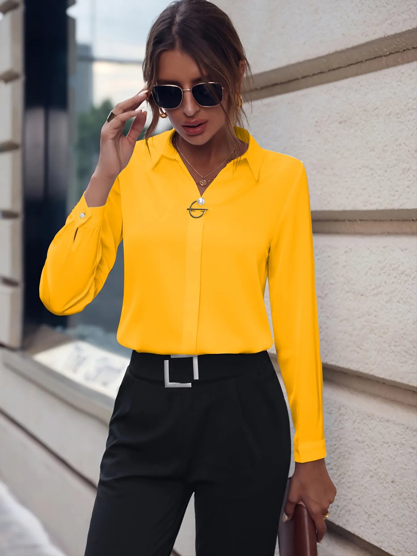 Commuter V-neck Long-sleeved Shirts Ins Fashion Solid Color Pullover Top Autumn And Spring Women's Clothing