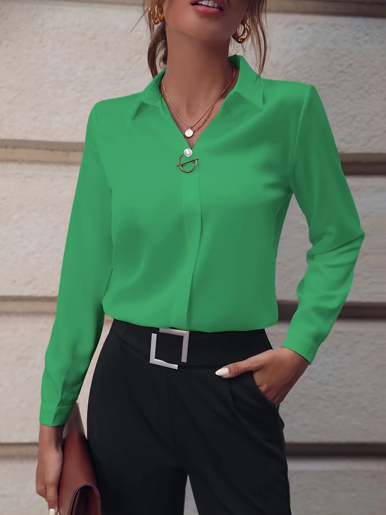 Commuter V-neck Long-sleeved Shirts Ins Fashion Solid Color Pullover Top Autumn And Spring Women's Clothing