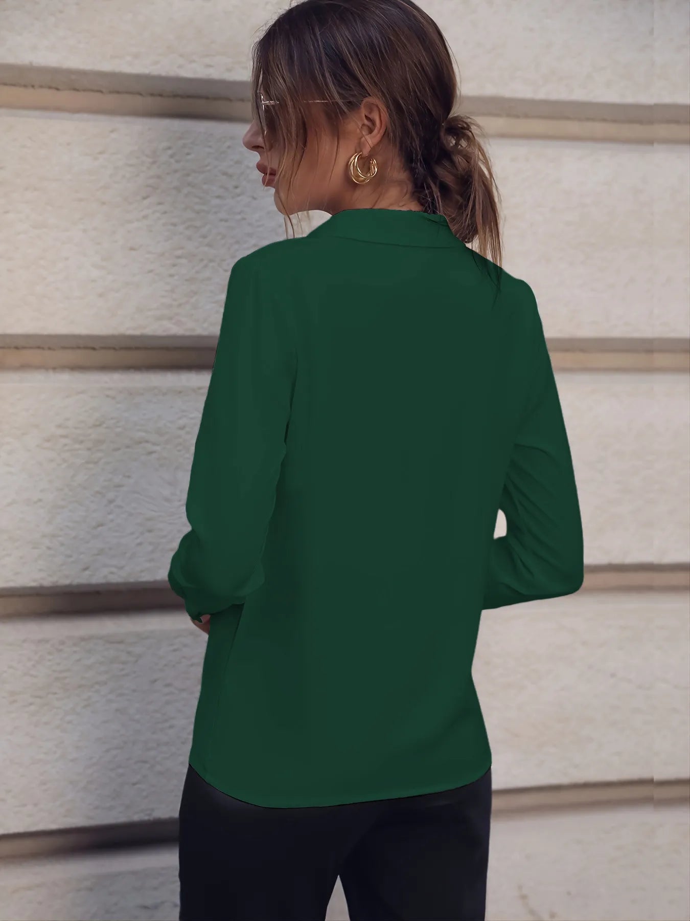 Commuter V-neck Long-sleeved Shirts Ins Fashion Solid Color Pullover Top Autumn And Spring Women's Clothing