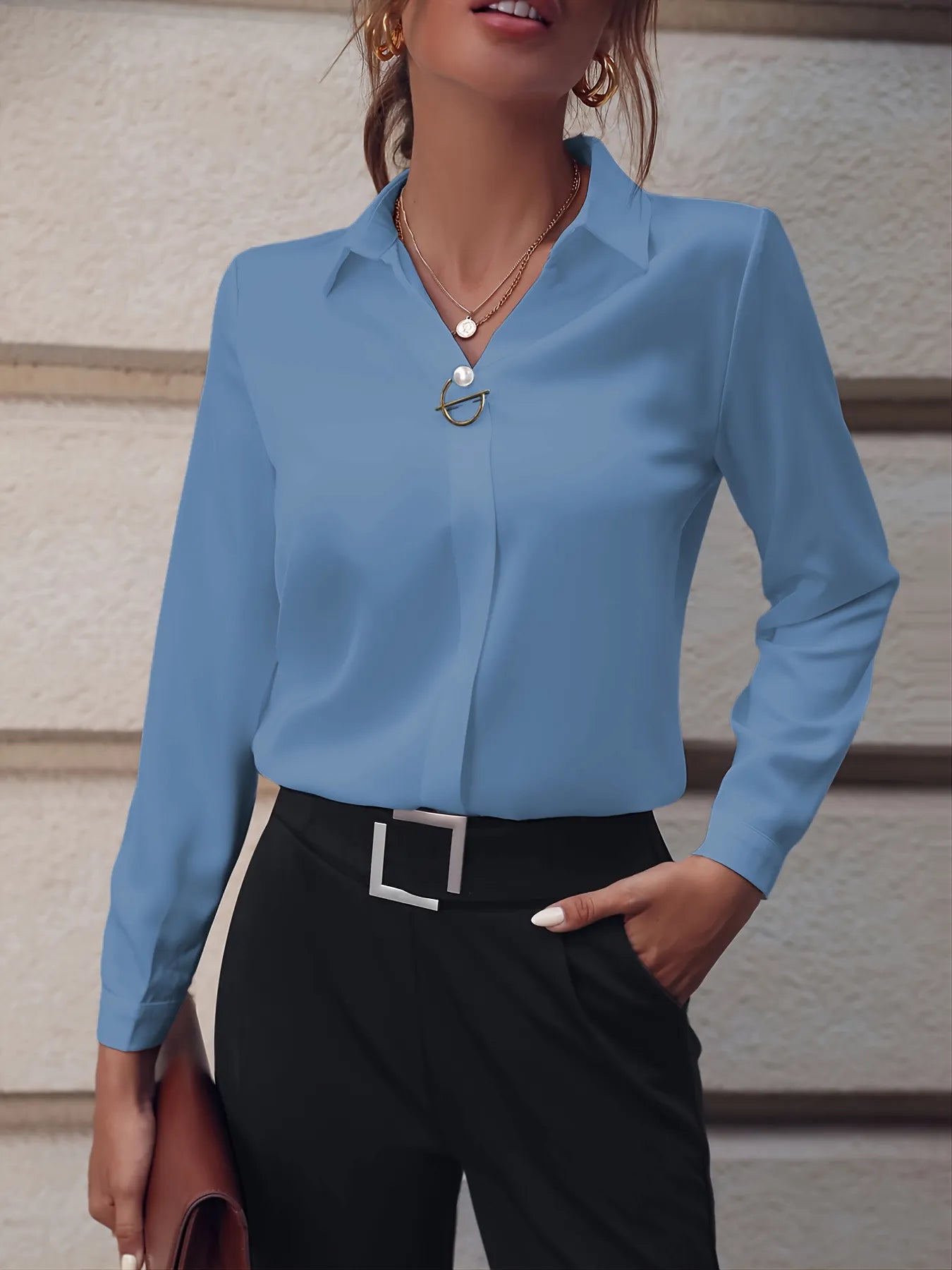 Commuter V-neck Long-sleeved Shirts Ins Fashion Solid Color Pullover Top Autumn And Spring Women's Clothing