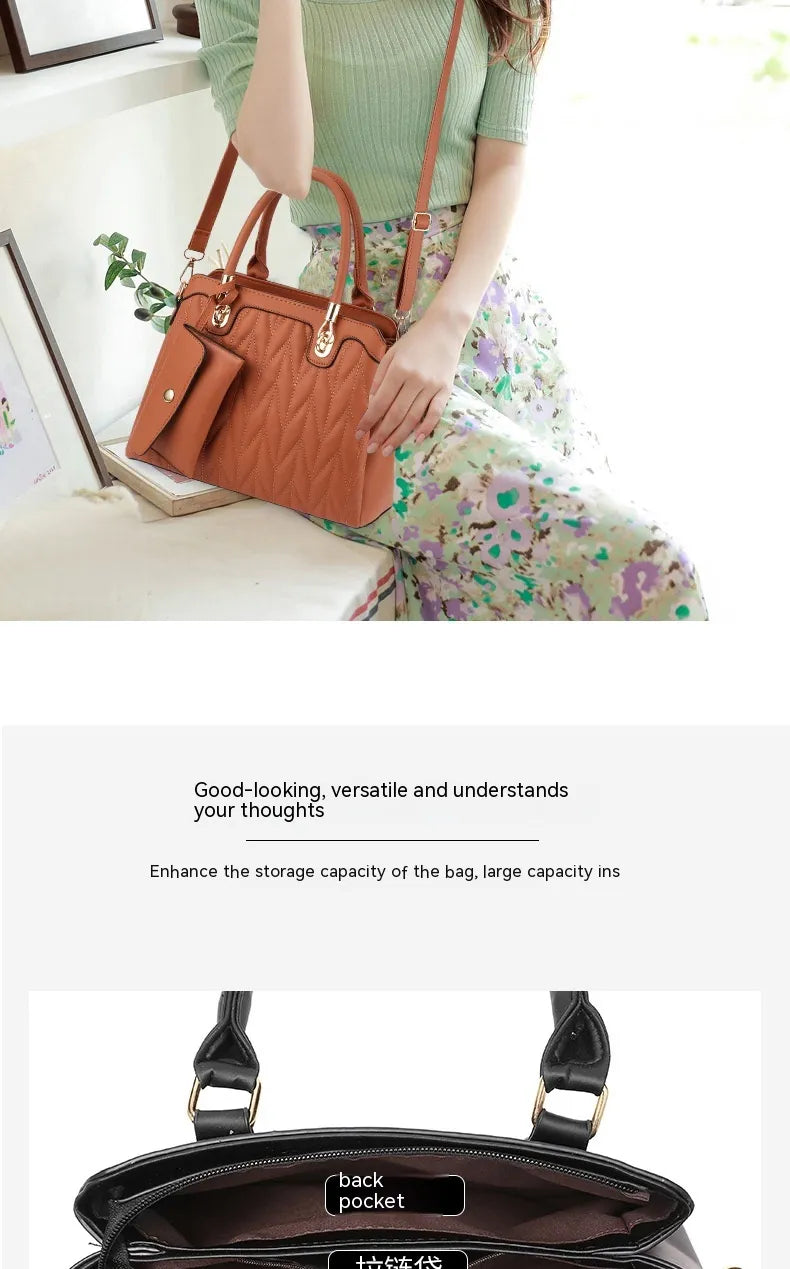 Embroidered Diamond Pattern Fashionable Handbag With Large Capacity