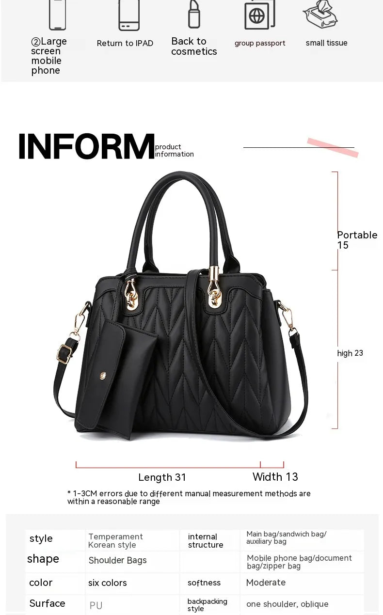 Embroidered Diamond Pattern Fashionable Handbag With Large Capacity