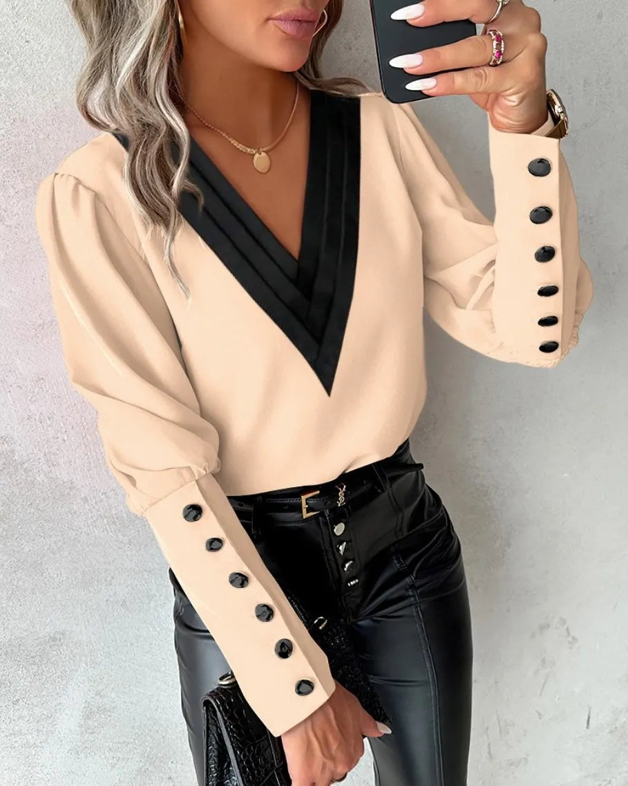 Fashion V-neck Long Sleeve Blouse With Button Design Commuter Leisure Solid Shirt Top Womens Clothing