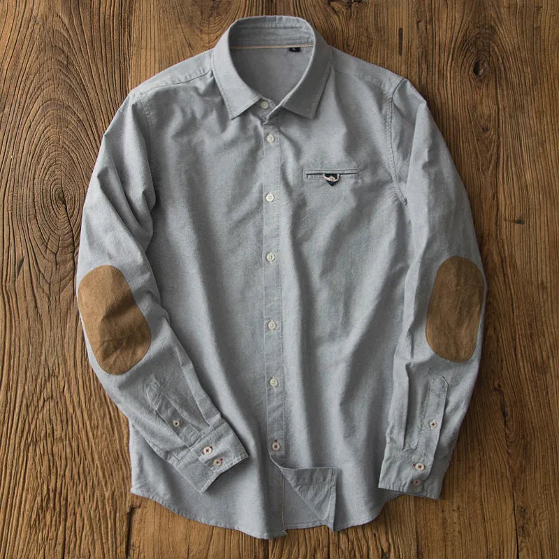 Long Sleeve Retro Men's Shirt Stitching Suede Patch Slim Shirt Men