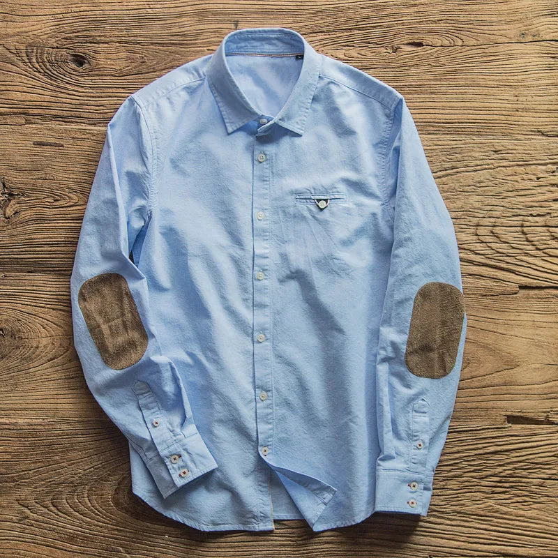 Long Sleeve Retro Men's Shirt Stitching Suede Patch Slim Shirt Men