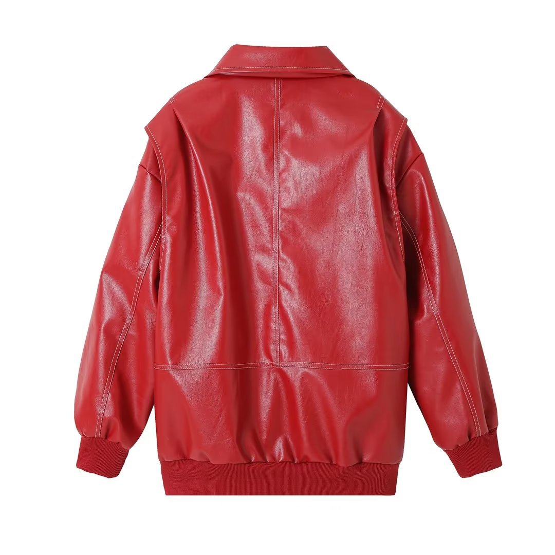 Loose Fashion Lapel Zip-up Jacket Cool Long Sleeve Zipper Closure Moto Biker Leather Jacket Womens Clothing