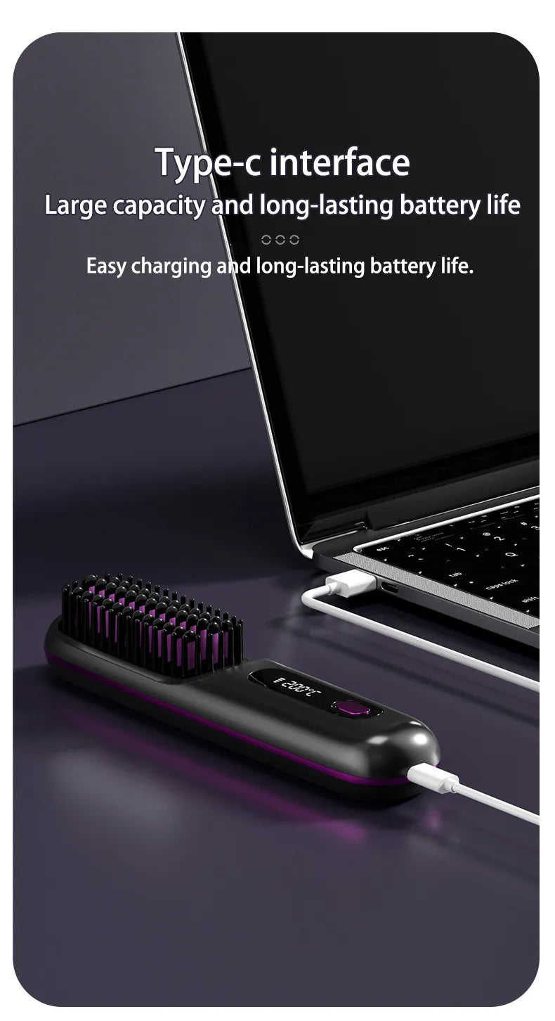 2 In 1 Straight Hair Comb Wireless Hair Straightener Brush Hair Fast Heating Portable Hot Curler USB Charging