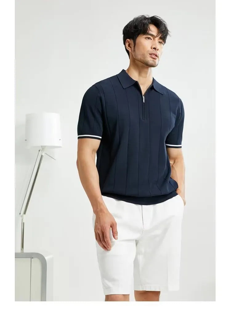 Fashion Short-sleeved Polo Shirt Summer Lapel Zipper T-shirt Tops Mens Clothing