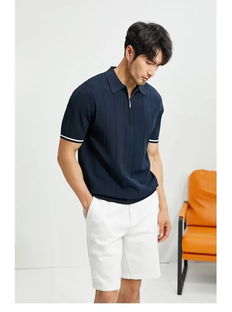 Fashion Short-sleeved Polo Shirt Summer Lapel Zipper T-shirt Tops Mens Clothing