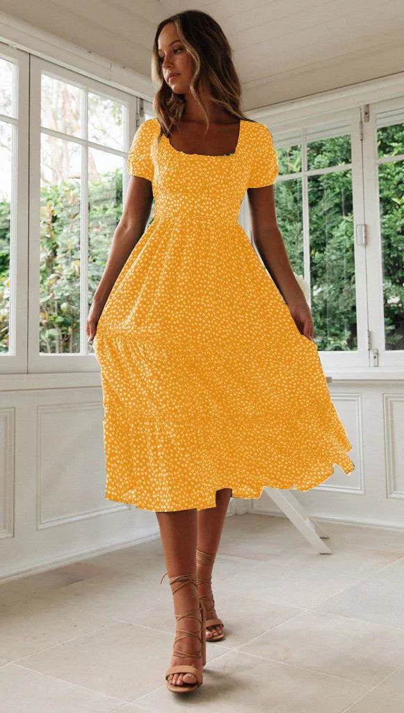 Square Collar Short Sleeve Dress Summer Puff Floral Printed Dress Long Dresses