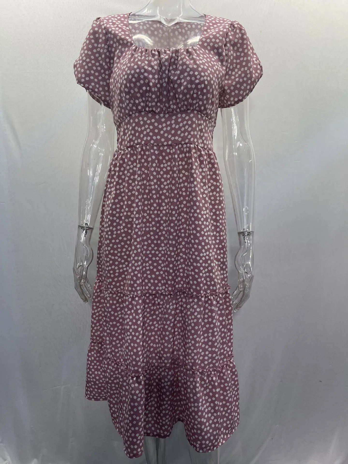 Square Collar Short Sleeve Dress Summer Puff Floral Printed Dress Long Dresses
