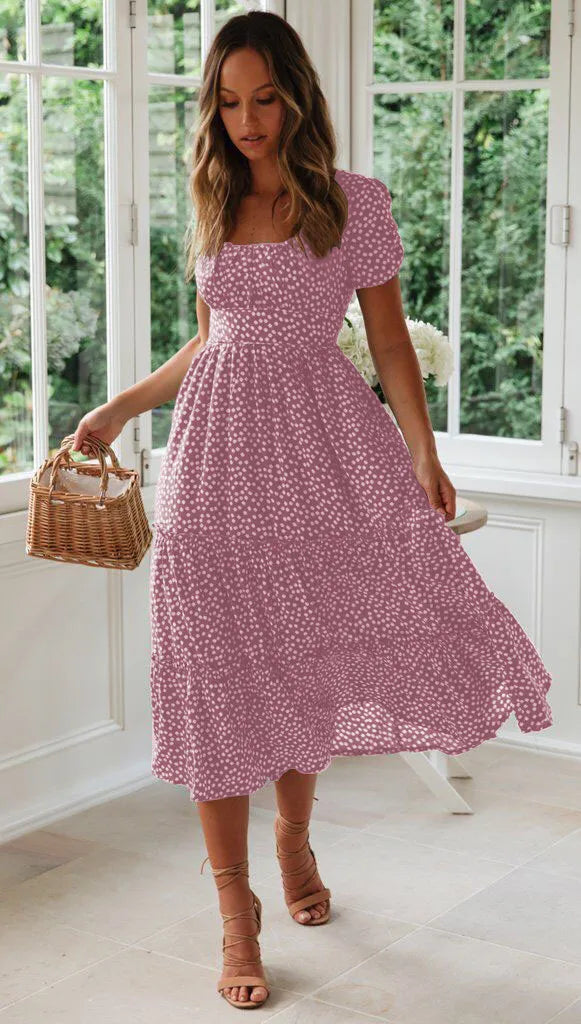 Square Collar Short Sleeve Dress Summer Puff Floral Printed Dress Long Dresses