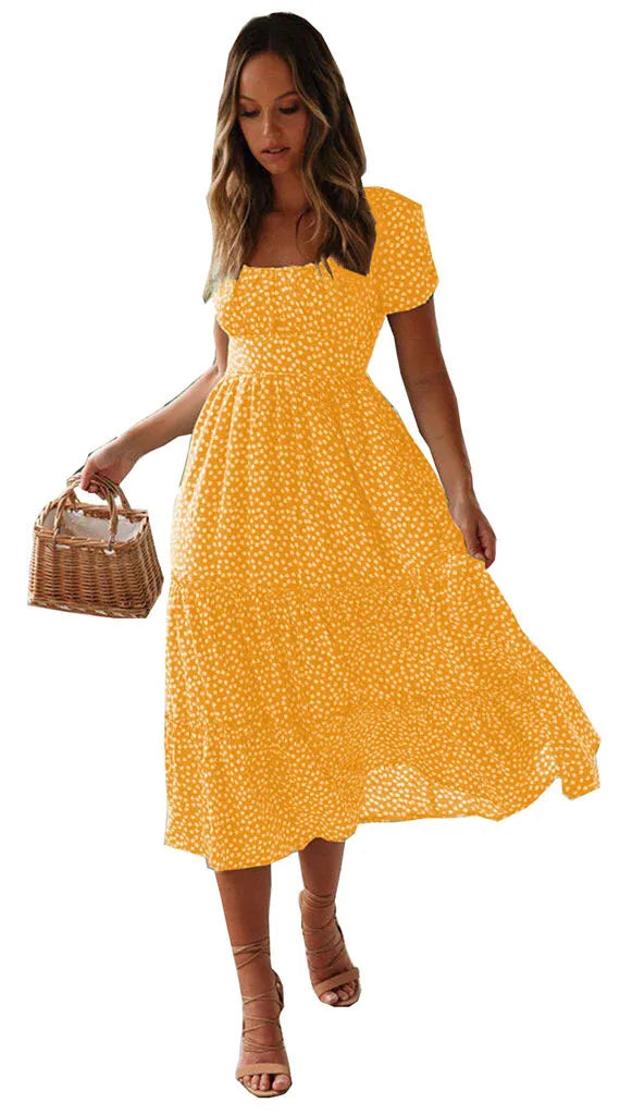 Square Collar Short Sleeve Dress Summer Puff Floral Printed Dress Long Dresses