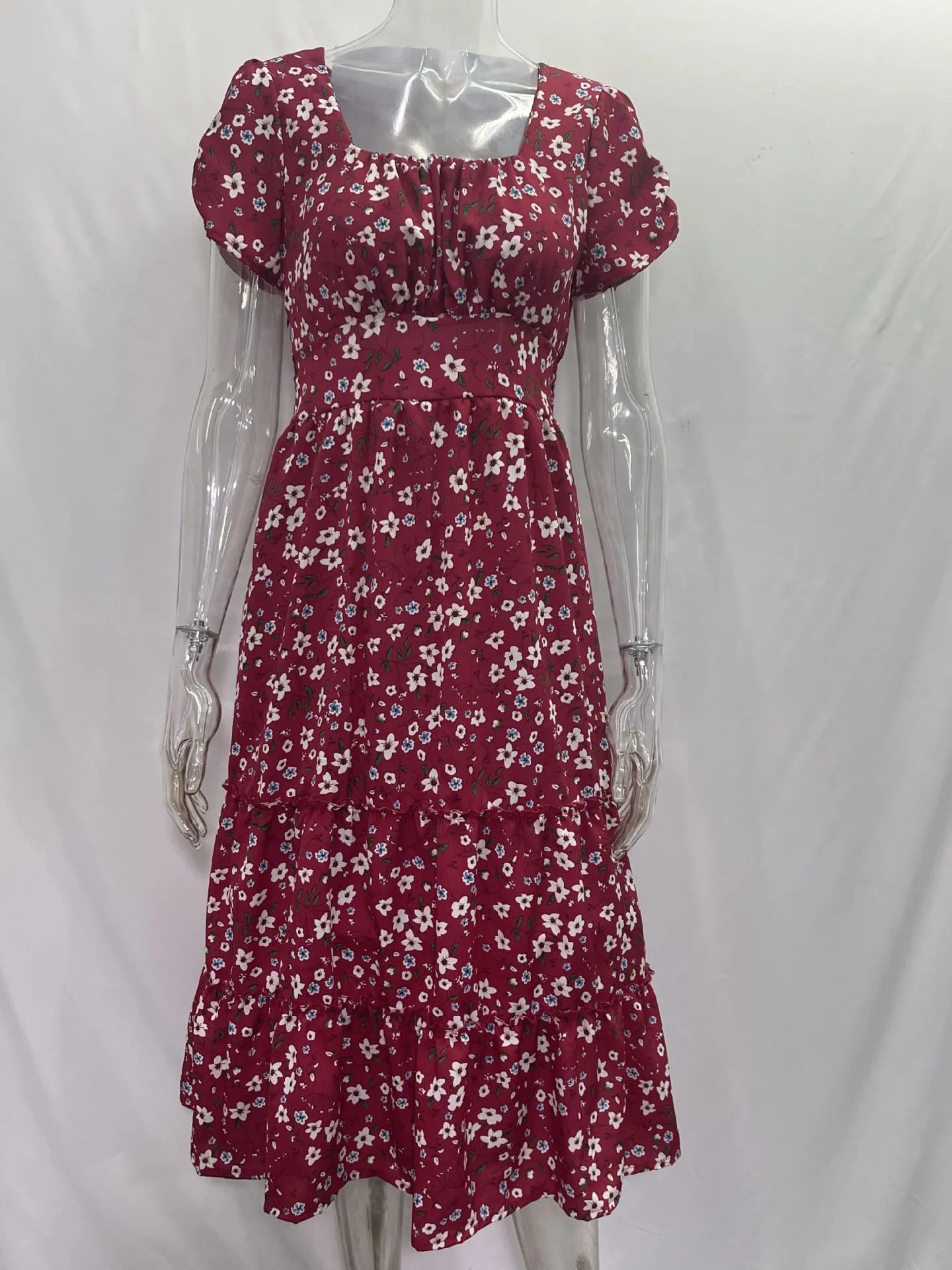 Square Collar Short Sleeve Dress Summer Puff Floral Printed Dress Long Dresses