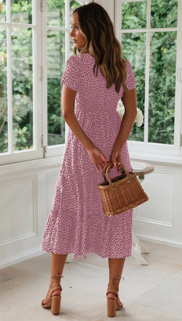 Square Collar Short Sleeve Dress Summer Puff Floral Printed Dress Long Dresses