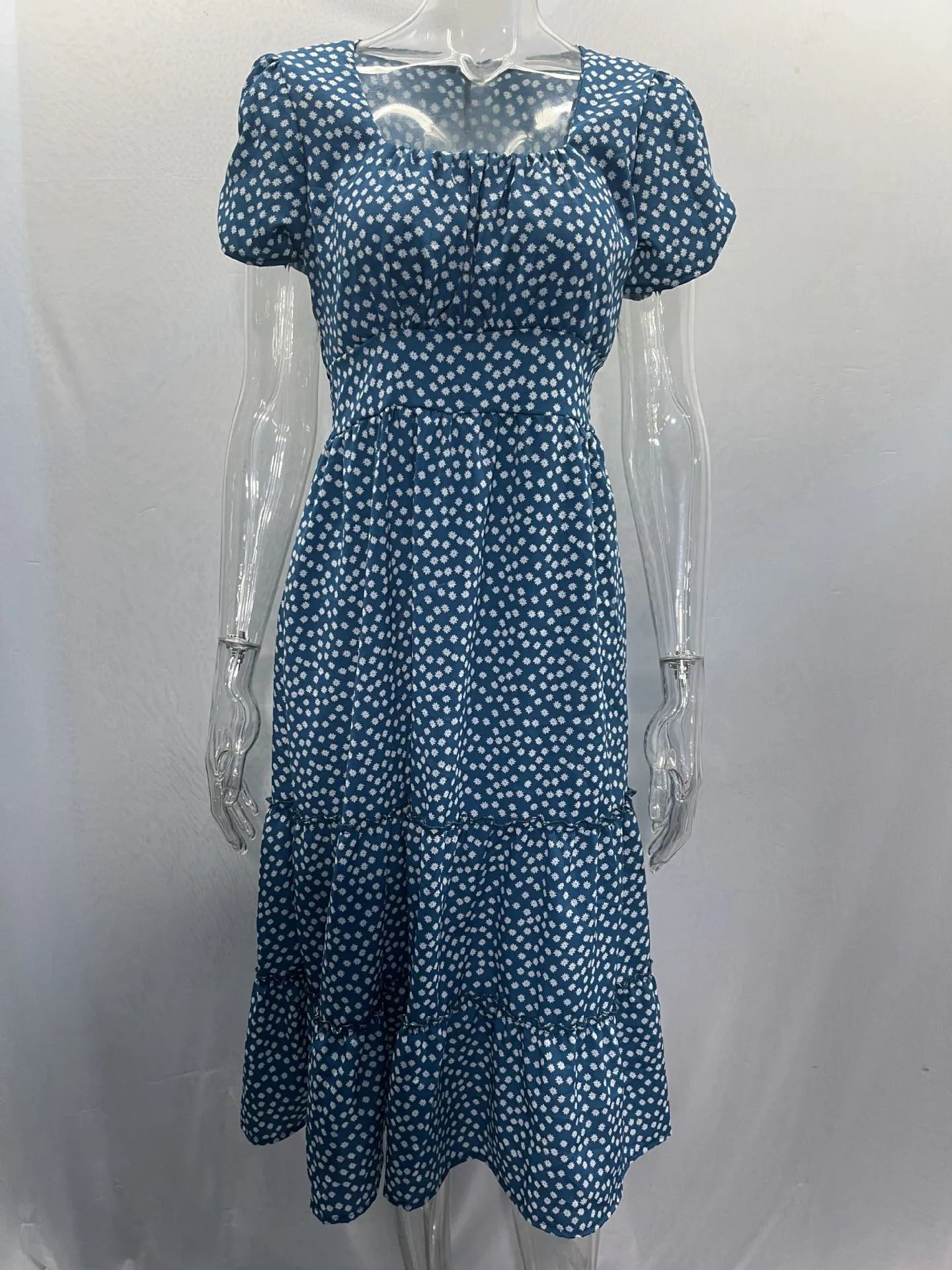 Square Collar Short Sleeve Dress Summer Puff Floral Printed Dress Long Dresses